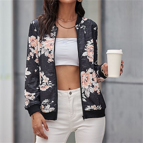 

Women's Bomber Jacket Varsity Jacket Outdoor Street Daily Spring Fall Regular Coat Stand Collar Regular Fit Breathable Casual Street Style Jacket Long Sleeve Floral Feather Black Blue Gray