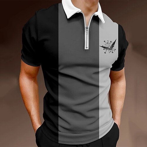 

Men's Collar Polo Shirt Golf Shirt Color Block Turndown Black / Gray 3D Print Street Daily Short Sleeve Zipper 3D Clothing Apparel Fashion Casual Breathable Comfortable / Beach