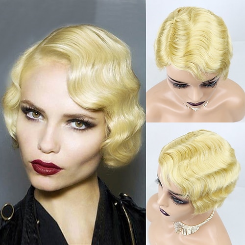 

short finger wave billige parykker for kvinner remy ekte hår pixie cut parykk kort menneskehår parykker maskinlaget mix farge 613#