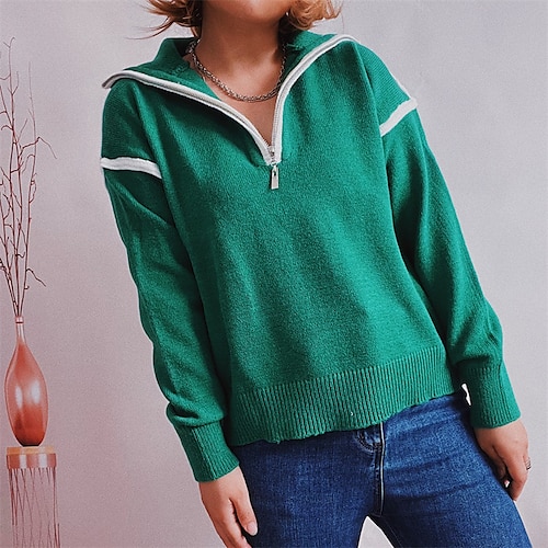 

Women's Pullover Sweater Jumper Ribbed Knit Zipper Knitted Pure Color Shirt Collar Stylish Casual Daily Holiday Fall Winter Green White S M L / Long Sleeve