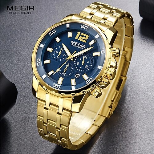 

MEGIR Quartz Watch for Men Analog Quartz Stylish Stylish Waterproof Calendar Fake Three Eyes Six Needles Alloy Stainless Steel Fashion