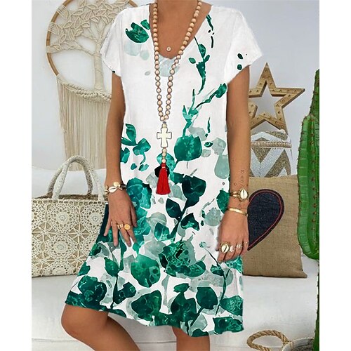 

Women's Shift Dress Knee Length Dress Green Blue Short Sleeve Floral Print Spring Summer V Neck Casual Vacation 2022 S M L XL XXL 3XL