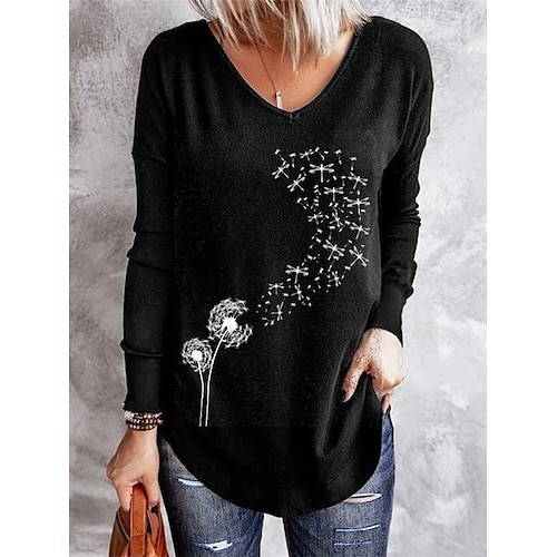 

Women's T shirt Tee Dandelion Home Casual Daily Floral T shirt Tee Long Sleeve V Neck Basic Essential Loose Green Black Blue S