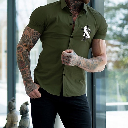 

Men's Shirt Solid Color Cross Turndown Christmas Party Button-Down Short Sleeve Tops Casual Slim Fit Green White Black / Summer