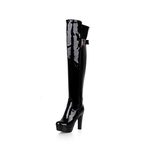 

Women's Boots Over The Knee Boots Chunky Heel Round Toe Minimalism Daily PU Leather Zipper Fall Winter Solid Colored Black Light Red