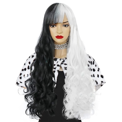 

32 80cm Half Black and White Wig Long Wavy Women's Costume Wigs Lolita Cosplay Wig For Halloween Party