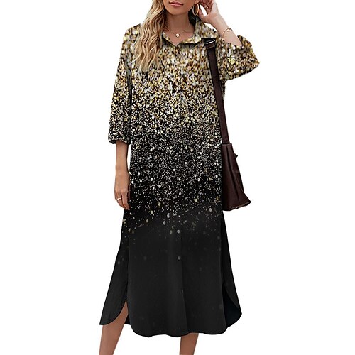 

Women's Shift Dress Midi Dress Gold 3/4 Length Sleeve Color Gradient Button Print Fall Spring Shirt Collar Casual Fashion 2022 S M L XL XXL 3XL