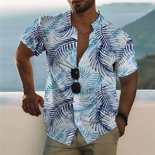 

Men's Shirt 3D Print Leaves Stand Collar Casual Daily Button-Down Print Short Sleeve Tops Designer Casual Fashion Comfortable Blue / Sports
