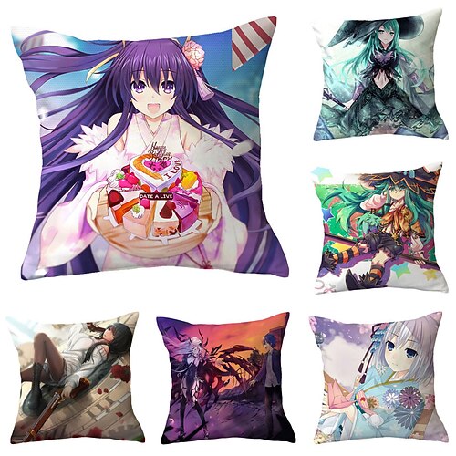 

DATE A LIVE Double Side Cushion Cover 6PC Soft Decorative Square Throw Pillow Cover Cushion Case Pillowcase for Sofa Bedroom Superior Quality Machine Washable