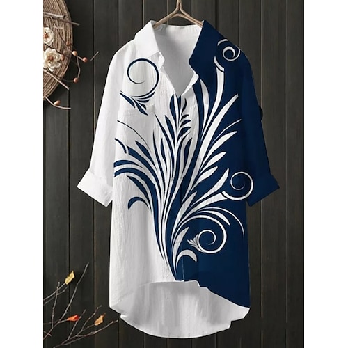 

Mulheres Camisa Social Blusa Azul Geométrica Abstrato Imprimir Manga Longa Diário Final de semana Roupa de rua Casual Colarinho de Camisa Padrão Algodão Linho S