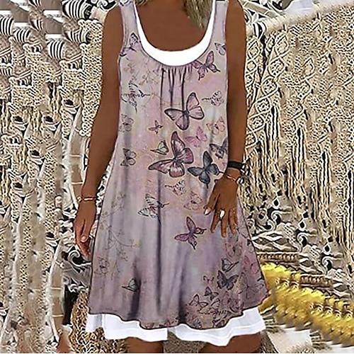 

Women's Shift Dress Casual Dress Knee Length Dress Light Brown Sleeveless Print Fake two piece Print Spring Summer Crew Neck Casual Cap Sleeve Belt Not Included Loose 2022 M L XL XXL / 3D Print