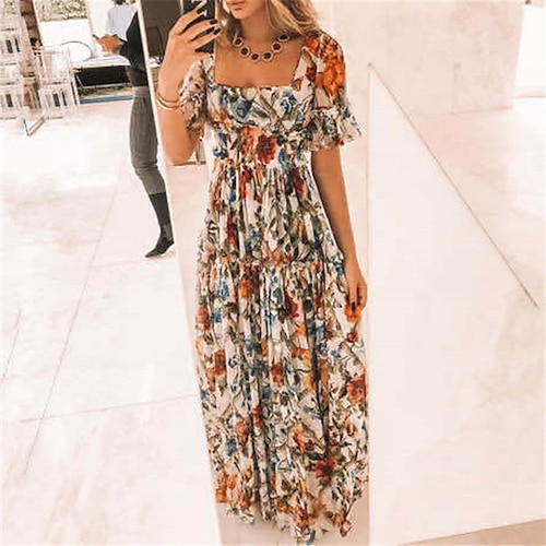 

Women's Casual Dress Swing Dress Long Dress Maxi Dress Yellow Khaki Light Blue Short Sleeve Floral Ruffle Spring Summer Square Neck Fashion 2022 S M L XL XXL 3XL 4XL