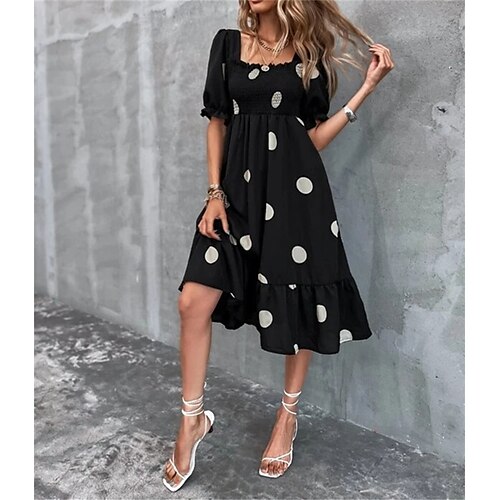 

Mulheres Vestido de bolinhas Preto Meia Manga Poá Imprimir Primavera Verão Decote Quadrado 2022 S M L