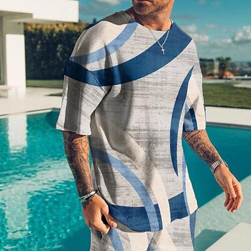 

Men's T-shirt Suits Tennis Shirt Graphic Geometric Crew Neck Blue Brown Coffee Black 3D Print Street Daily Short Sleeve Print Clothing Apparel 2pcs Basic Fashion Lightweight Casual / Summer / Spring