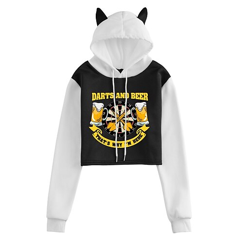 

Women's Cropped Hoodie Oktoberfest Beer Beer Cat Ear Print Daily Sports Hot Stamping Active Streetwear Hoodies Sweatshirts Black And White White Black