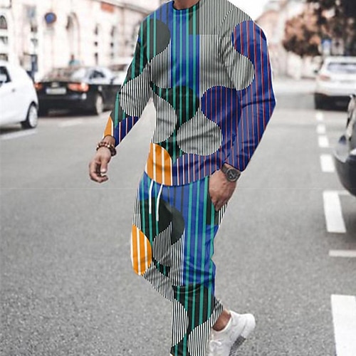 

Men's Tracksuit Hoodies Set Graphic Patterned Geometric 2 Piece Print Sports Outdoor Casual Sports 3D Print Sportswear Basic Essential Hoodies Sweatshirts Blue Royal Blue Brown