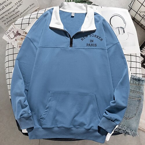 

Women's Pullover Jacket Streetwear Casual Oversized Print White Black Blue Letter Loose Fit Casual Standing Collar Long Sleeve Cotton S M L XL XXL 3XL