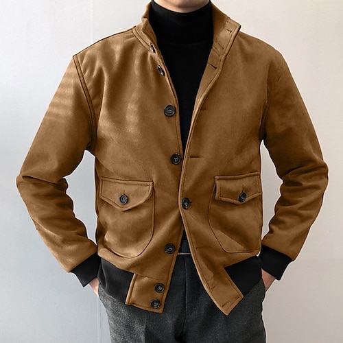 

Men's Work Jacket Casual Jacket Windproof Warm Street Daily Holiday Zipper Stand Collar Streetwear Casual Jacket Outerwear Pure Color Pocket Khaki