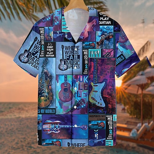 

Homens Camisa Social Camisa havaiana Camisa de acampamento Camisa Gráfica Camiseta Aloha Gráfico Guitarra Aberto para a Lateral Azul Impressão 3D Ao ar livre Rua Manga Curta Botão para baixo Imprimir