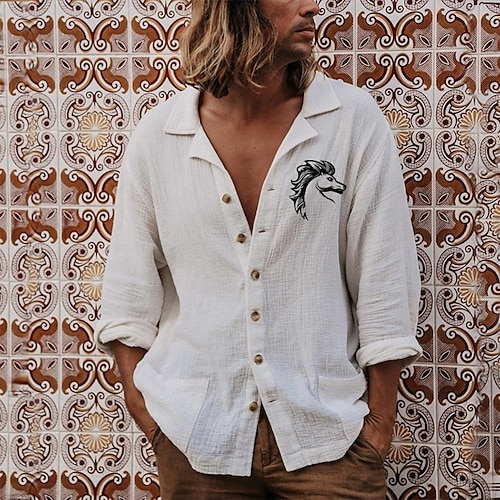 

Men's Shirt Graphic Patterned Solid Color Horse Turndown Casual Daily Layered Button-Down Long Sleeve Tops Casual Exaggerated White