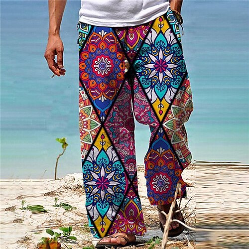 

Men's Trousers Beach Pants Pocket Drawstring Elastic Waist Graphic Prints Flower / Floral Comfort Breathable Casual Daily Holiday Streetwear Designer Green Blue