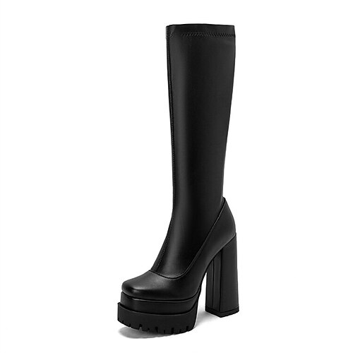 

Women's Boots Daily Mid Calf Boots Winter Chunky Heel Square Toe Minimalism PU Leather Zipper Solid Colored Black White