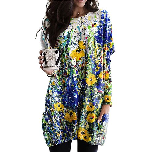 

Women's Shift Dress Short Mini Dress Green Black Blue Long Sleeve Floral Pocket Print Spring Summer Crew Neck Casual Vacation 2022 S M L XL XXL 3XL