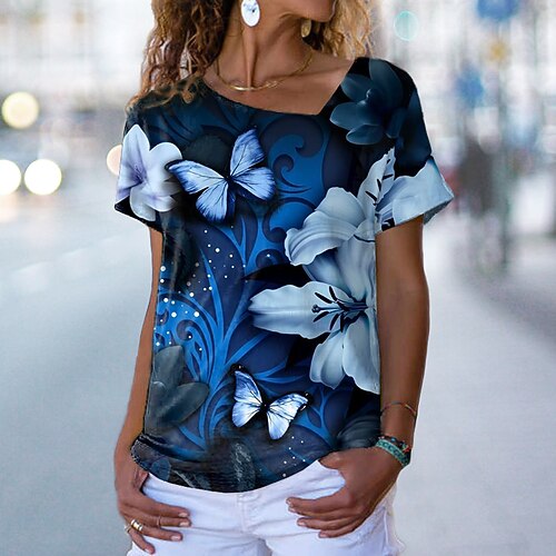 

Women's T shirt Tee Floral Butterfly Casual Weekend Floral Butterfly Painting T shirt Tee Short Sleeve Print V Neck Basic Essential Blue Purple Pink S / 3D Print