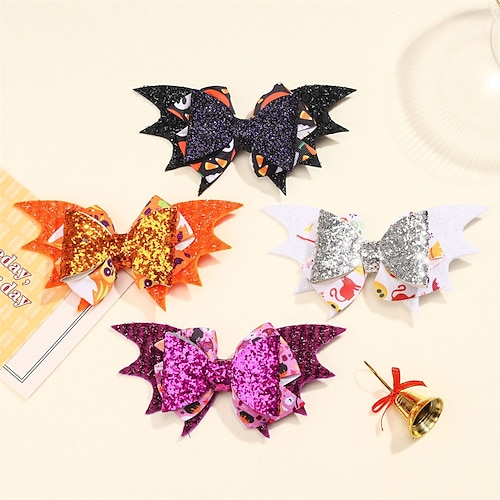 

4 Pcs Halloween Kids Hair Accessories Charm Glitter Bat Wings Hair Clips Women Dinner Bow Tiaras Girls Top Clips