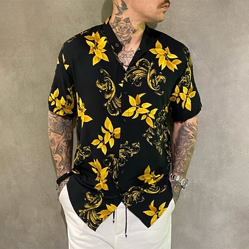 

Men's Shirt Summer Hawaiian Shirt Graphic Shirt Graphic Prints Standing Collar Light Yellow 3D Print Going out golf shirts Short Sleeve Button-Down Print Clothing Apparel Designer Retro Hip Hop