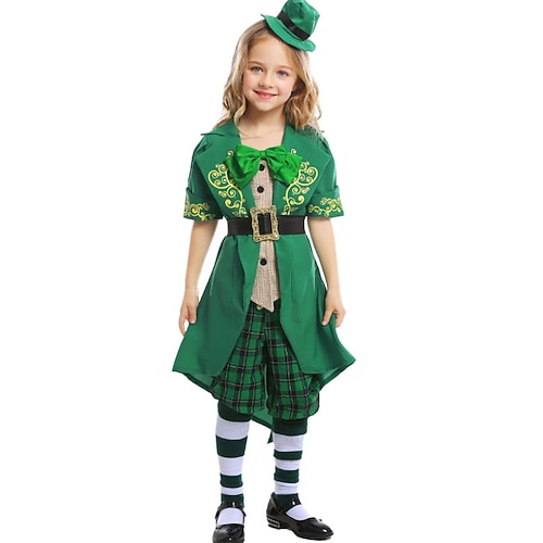 

Kids Girls' Halloween PantsSet Clothing Set 2 Pieces Short Sleeve Green Plaid Patchwork Bow Print Cosplay Costumes Vintage Costume Regular 3-10 Years