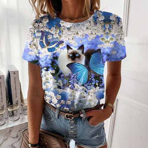 

Damen T Shirt Rosa Blau Grün Blumen Katze Bedruckt Kurzarm Casual Festtage Basic Rundhalsausschnitt Standard Blume 3D Cat Farbe S