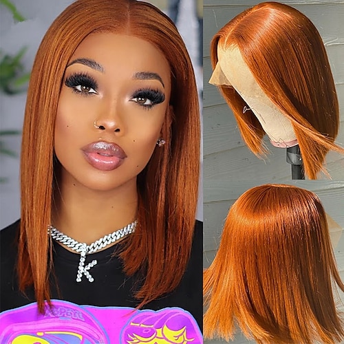 

Straight Short Bob Highlight 13X4X1 Lace Front Human Hair Wigs Transparent Lace Wig Ginger Orange Ombre Colored Bob Lace Front Wig