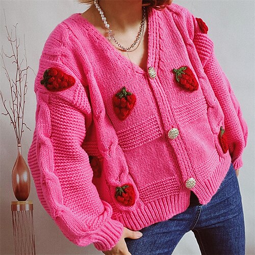 

Women's Cardigan Sweater Jumper Crochet Knit Knitted Button Fruit V Neck Stylish Casual Daily Holiday Fall Winter Green White S M L / Long Sleeve