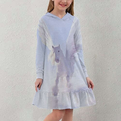 

Kids Little Girls' Dress Horse Animal A Line Dress Daily Holiday Vacation Ruffle Print Blue Above Knee Long Sleeve Casual Cute Sweet Dresses Fall Spring Regular Fit 3-12 Years