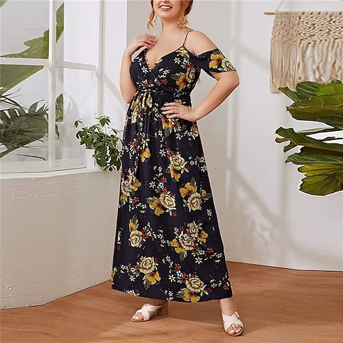 

Women's Plus Size Holiday Dress Floral V Neck Split Short Sleeve Spring Summer Casual Maxi long Dress Causal Holiday Dress / Print