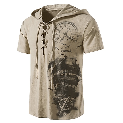 

Men's Unisex T shirt Tee Graphic Prints Compass Hooded Brown 3D Print Outdoor Street Short Sleeve Lace up Print Clothing Apparel Sports Designer Casual Big and Tall / Summer / Summer