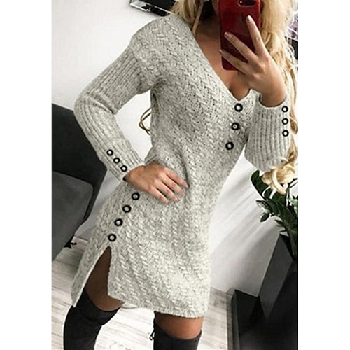 

damen pullover kleid winterkleid bodycon grau langarm reine farbe knopf split strick winter herbst v-ausschnitt elegant 2022 s m l xl xxl etuikleid