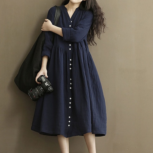 

Women's A Line Dress Knee Length Dress Dark Blue Long Sleeve Pure Color Button Fall Spring V Neck Elegant Modern 2022 M L XL XXL