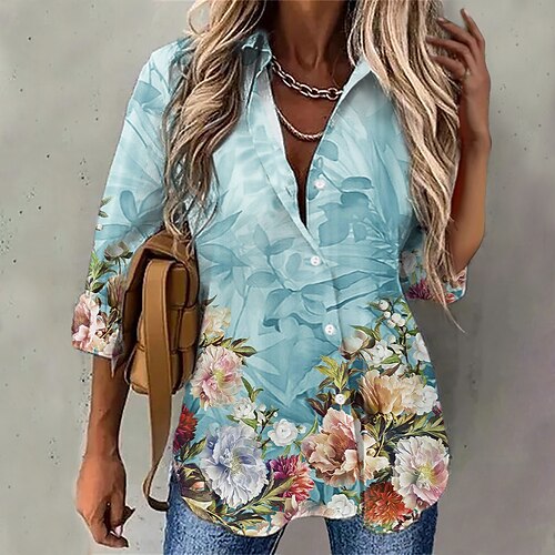 

Women's Blouse Shirt Green Blue Pink Floral Button Print Long Sleeve Daily Weekend Streetwear Casual Shirt Collar Regular Floral S