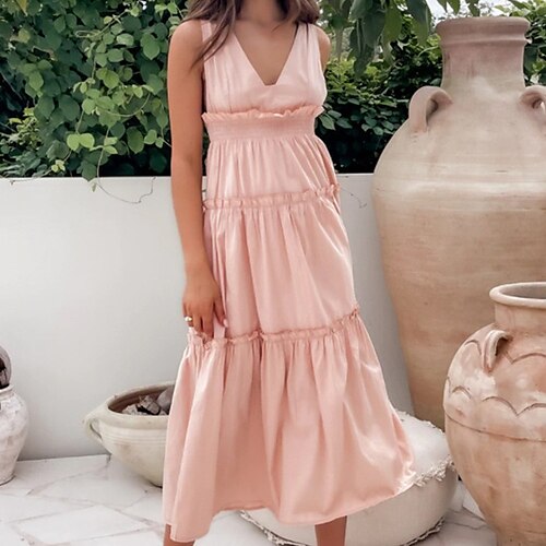

Women's A Line Dress Knee Length Dress Pink Sleeveless Pure Color Backless Ruffle Cold Shoulder Spring Summer V Neck Casual Vacation 2022 S M L XL