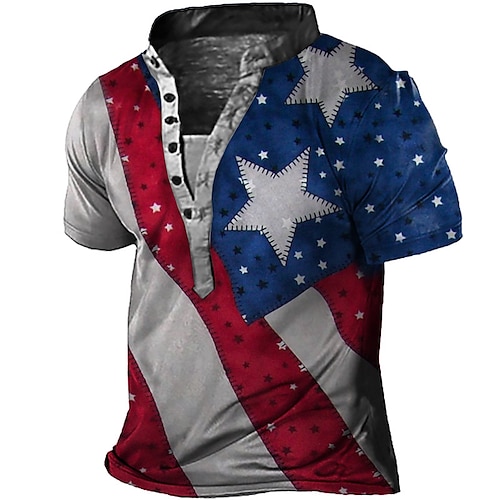 

Men's Henley Shirt Tee T shirt Tee 3D Print Graphic Patterned National Flag Stand Collar Daily Sports Button-Down Print Short Sleeve Tops Basic Casual Classic Big and Tall Red / Summer