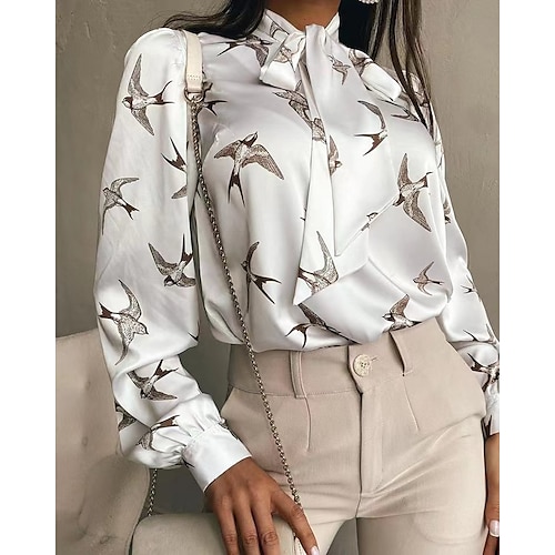 

Mujer Camisa Blusa Blanco Animal Pájaro Acordonado Estampado Manga Larga Oficina Trabajo Ropa de calle Casual Escote en Pico Regular S