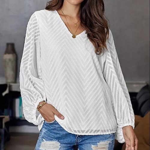 

Women's Blouse Shirt White Black Plain Long Sleeve Daily Weekend Streetwear Casual V Neck Regular Lantern Sleeve S