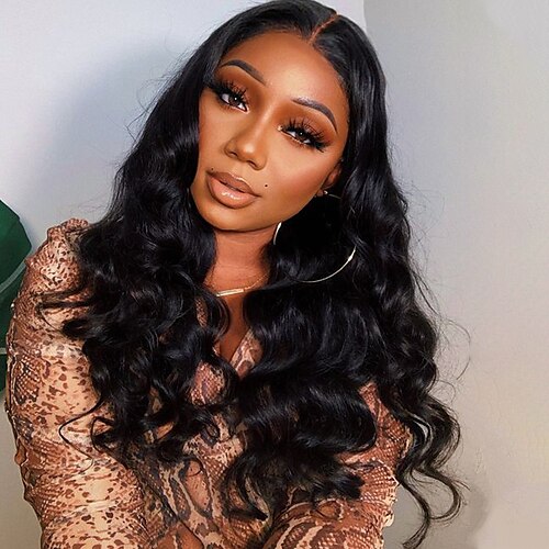 

Sleek Body Wave Wig Natural Black Lace Frontal Lace Wigs Long Loose Wave High Temperature Heat Resistant Synthetic Hair Wigs