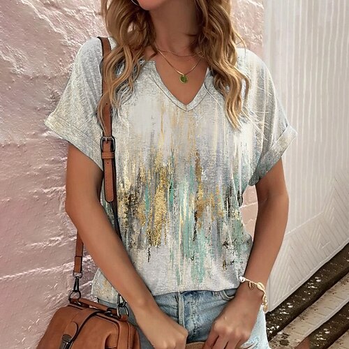 

Women's Graphic Patterned Casual Weekend Abstract Painting T shirt Tee Short Sleeve Print V Neck Basic Essential Tops White S / 3D Print