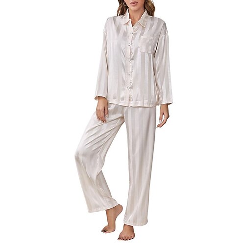 

Women's Pajamas Sets Nighty Pjs 2 Pieces Stripe Comfort Home Daily Satin Lapel Long Sleeve Pant Button Pocket Fall Spring Beige / Silk