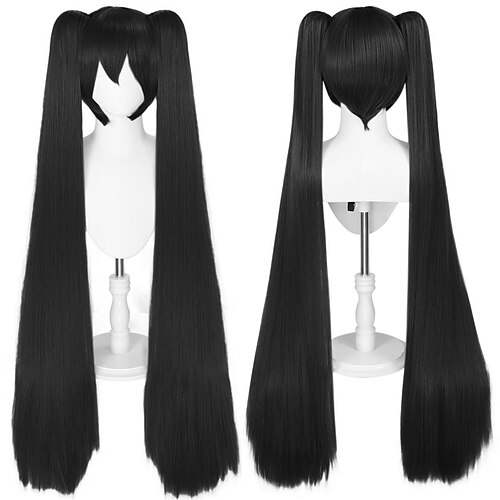 

120cm perruque noire avec double queue de cheval perruques pour filles longue perruque cosplay droite avec une frange perruque de cheveux synthétiques costume pour anime