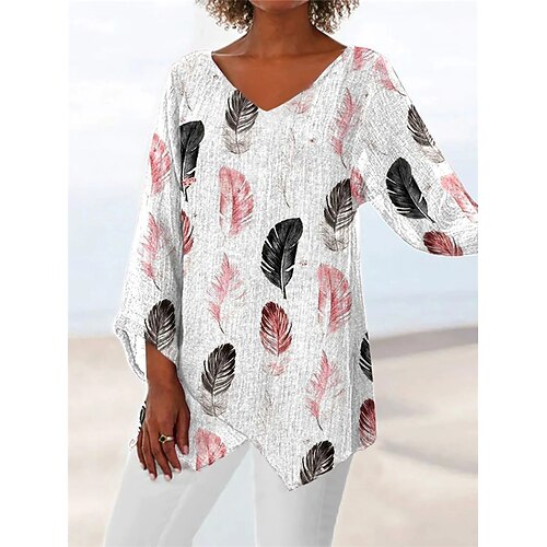 

Women's T shirt Tee Leaf Casual Daily Holiday Floral T shirt Tee Long Sleeve Print V Neck Basic Essential Vintage Loose White S / 3D Print