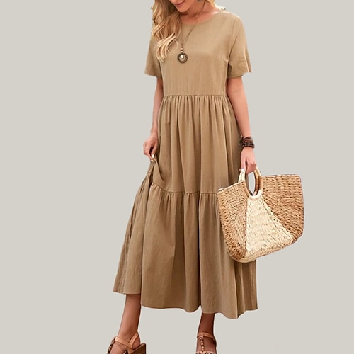 

Women's A Line Dress Midi Dress Khaki Short Sleeve Pure Color Ruffle Spring Summer Crew Neck Casual Mature 2022 S M L XL XXL